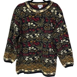 Lands End Vtg Country Primitive Womens  Heavyweight Flower Tapestry Sweater L